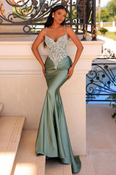 Fabulous Long Green Mermaid Spaghetti Straps Lace Satin Prom Evening Dresses